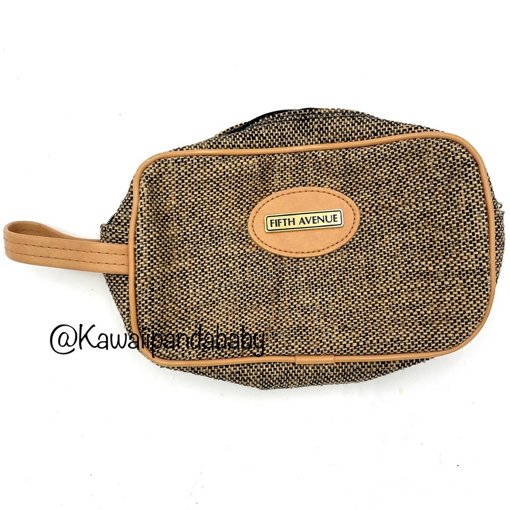 Vintage Fifth Avenue Brown Black Faux Leather Tweed Cosmetic Toiletry Travel Bag